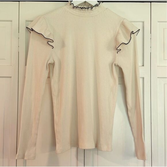Loft pointelle white ribbed ruffle sleeve top size medium - Picture 3 of 9